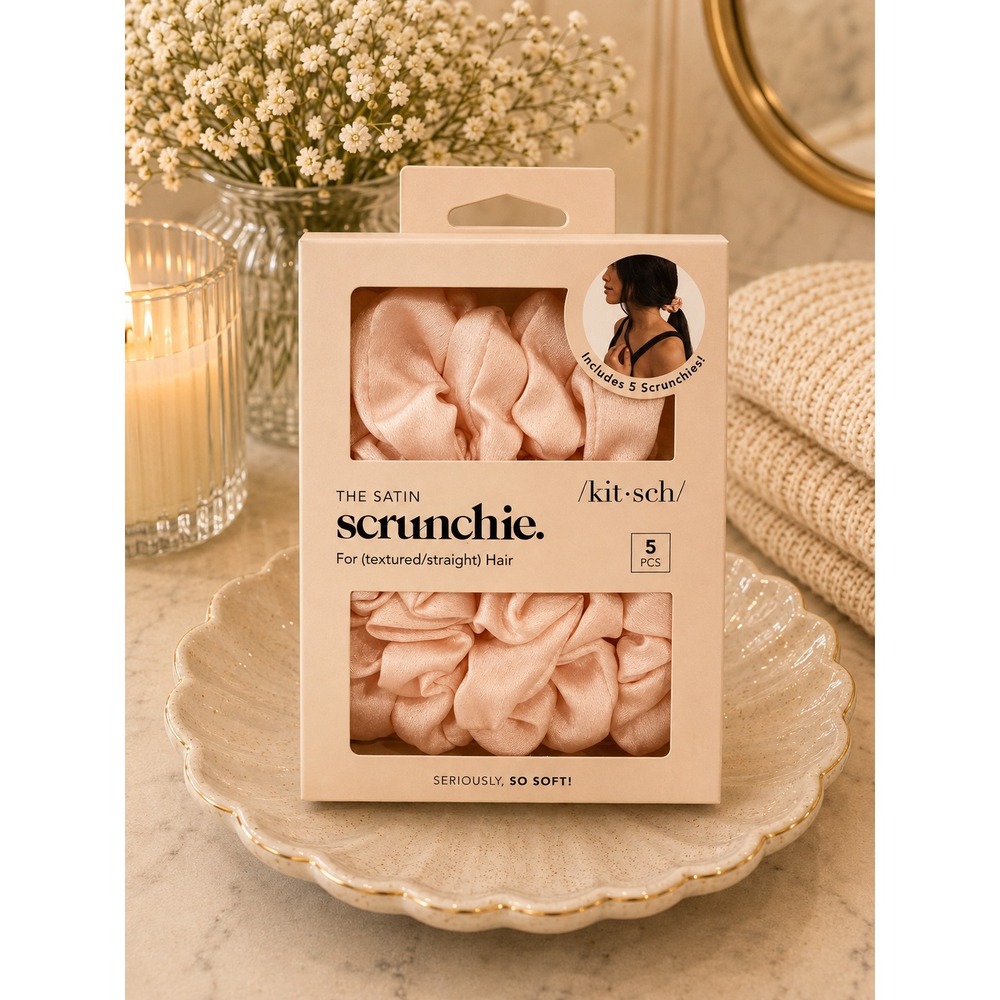 Kitsch The Satin Scrunchie 5 Piece Set Blush Pink Creaseless Hair Ties NEW